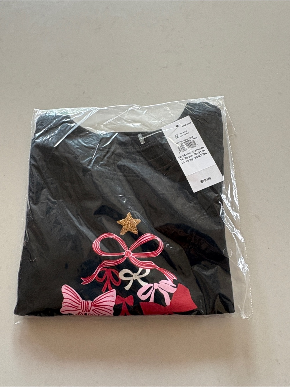 GAP Christmas Black Long Sleeve Tee with Pink Bow and Gold Star
